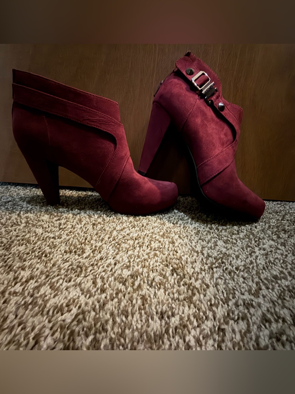 G by Guess Burgundy Suede Heeled Ankle Boots with Buckle